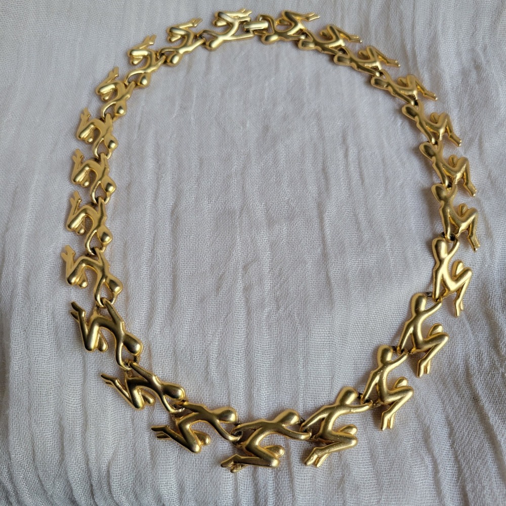 Necklace Pierced Earring Set Human Figures Matte Gold Vintage 1990s Statement - Picture 2 of 11